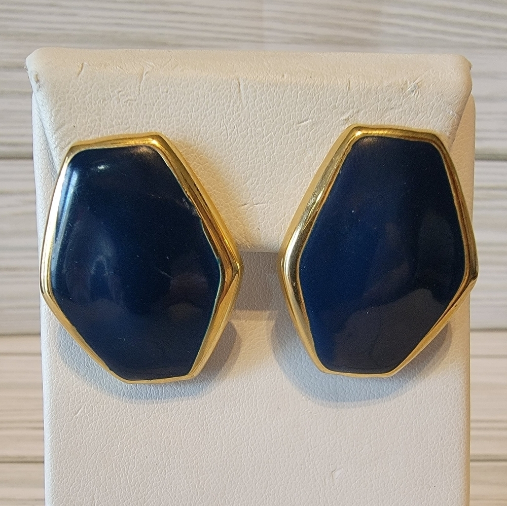 Vintage Navy Blue Gold Tone Hexagon Geometric Statement Pierced Earrings